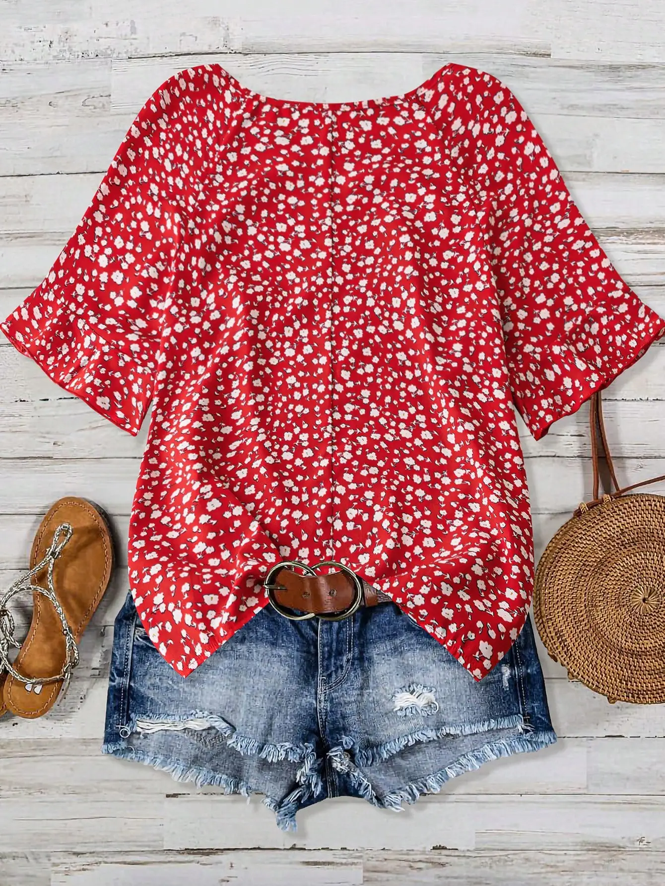 

Красная свободная повседневная блузка с цветочным принтом, круглым вырезом и рукавами реглан