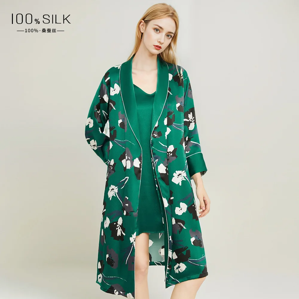 Floral 19MM Silk Nightgown with Robe Two-piece 100% Mulberry Silk Robe Set Midi Slip Nightdress Loungewear Women Sets Sleepwear