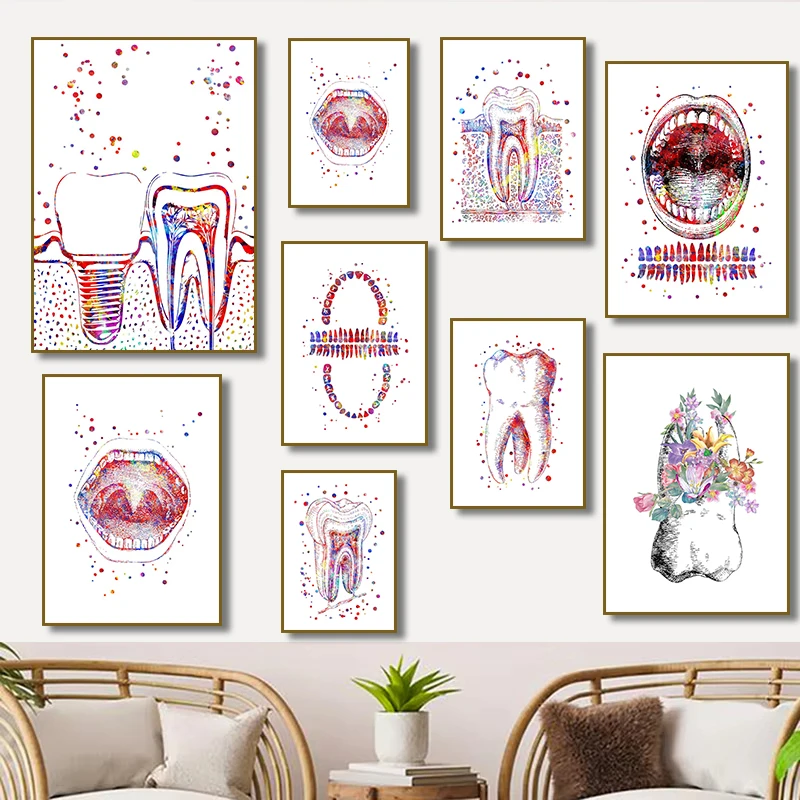 1PC Watercolor Teeth Implant Canvas Painting Tooth Dental Art Poster Dentist Anatomy Print Wall Pictures Hospital Clinic Deco