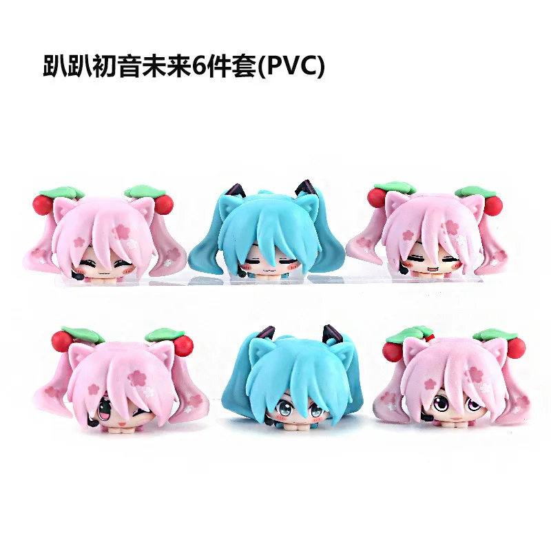 6Pcs/set 2024 New Anime Hatsune Miku Prone posture Cat ears Q version kawaii Figure PVC Model Toys Doll Car Ornaments Gifts