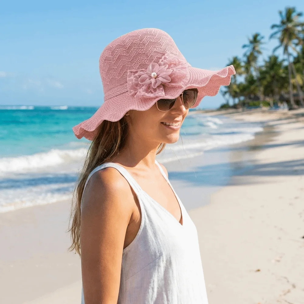 

Elegant Solid Color Wide Brim Knitted Hat Flower Breathable Weave Bucket Hat Lightweight Lace Bow UV Protection Cap Travel