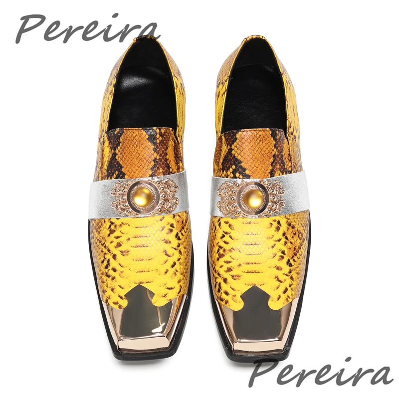 Yellow Genuine Leather Snake Patterned Men's Shoes Gemstone Strap Iron Square Toe Business Dress Shoes Party Wedding Dress Shoes