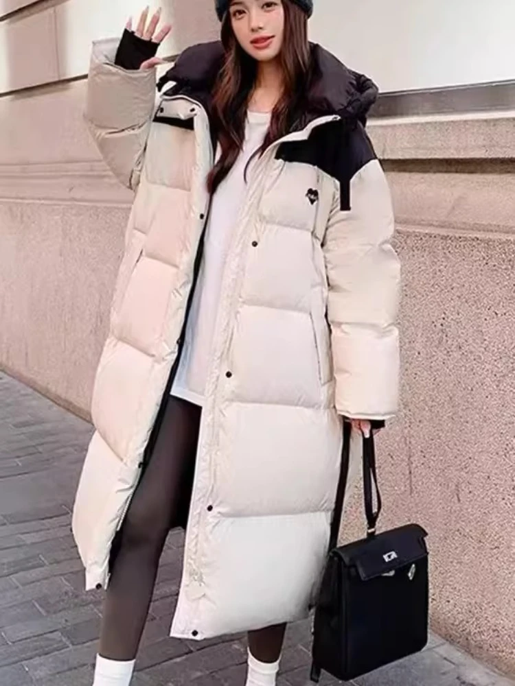 Damski płaszcz bawełniany z blokami kolorów, długi, oversize, do kolan, ocieplana kurtka puchowa, gruba, ciepła, zimowa, z kapturem, pikowana, streetwear
