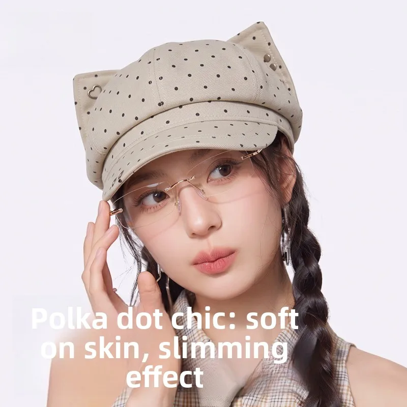 Korean Fashion Octagonal Hat Autumn New Versatile Polka Dot Cat Ears Newsboy Hat Age-reducing Girl Cute Cartoon British Beret