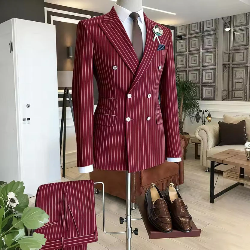 

Striped Men Suits Business Double Breasted Formal Outfits 2 Piece Male Clothing Casual Tailored Party Prom Jacket Pants