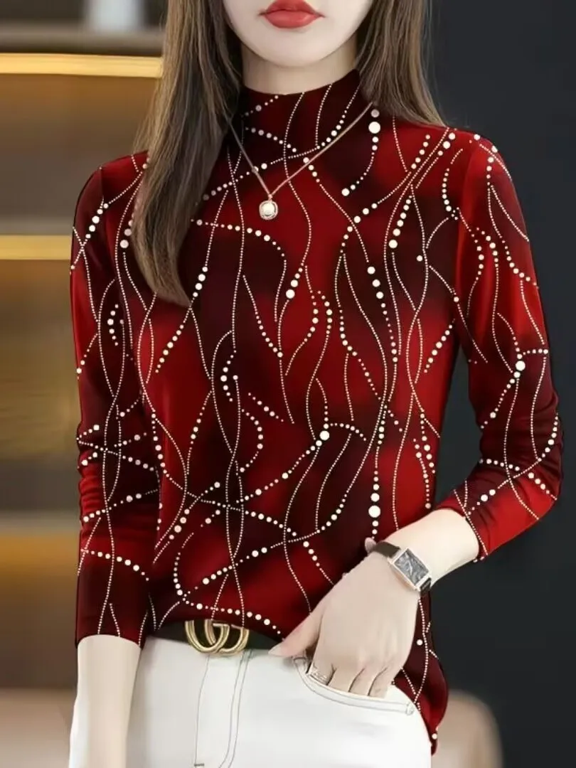 Fashionable Long Sleeve Printed T-Shirt Women's Casual Style High Neck Top Trendy Spring 2026 Garment from China for Ladies