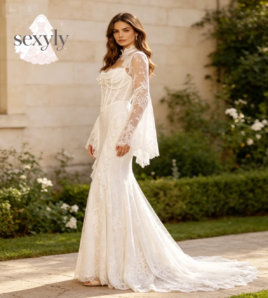 Romantic Boho Mermaid Lace Wedding Dress 2027 Bell Flared Long Sleeve Corset Boned Ruffles Bridal Gowns Celtic Beach Customized