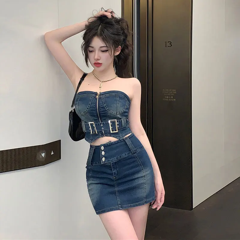 

Sexy Wrap Crop Denim Strapless Tops Two Pieces Sets high Fanny Pack Hip Skirt Summer Jeans Suits Club Skinny Sets Vest