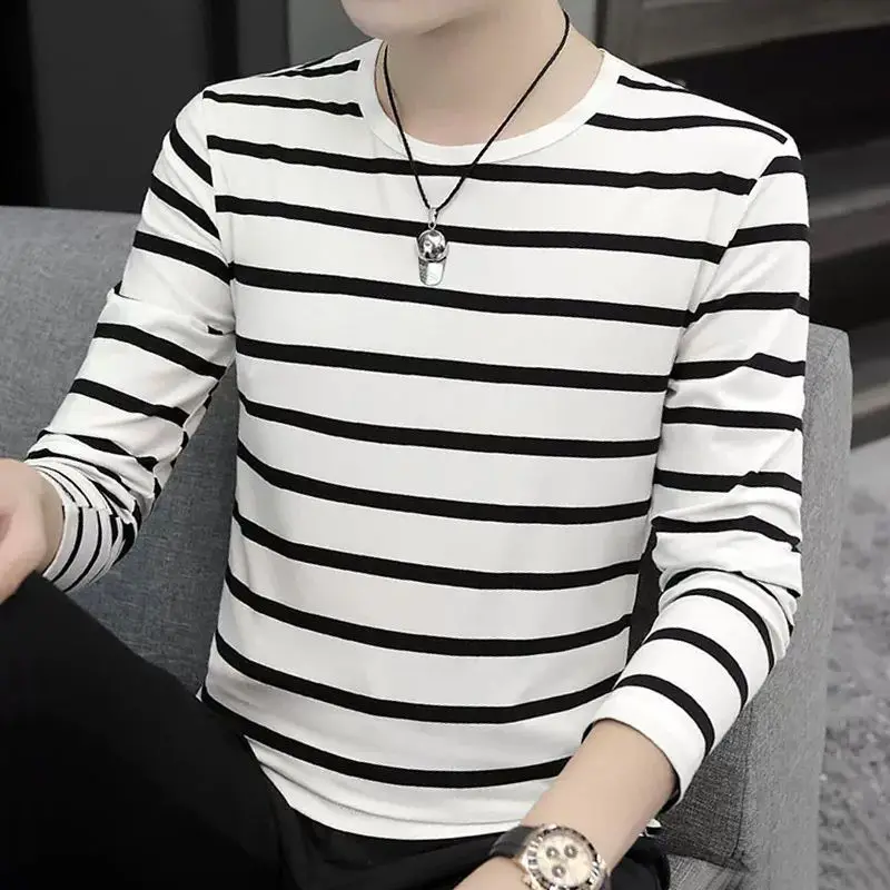 Fashion O-Neck All-match Striped T-Shirt Men\'s Clothing 2023 Autumn New Oversized Casual Pullovers Long Sleeve Korean Tee Shirt