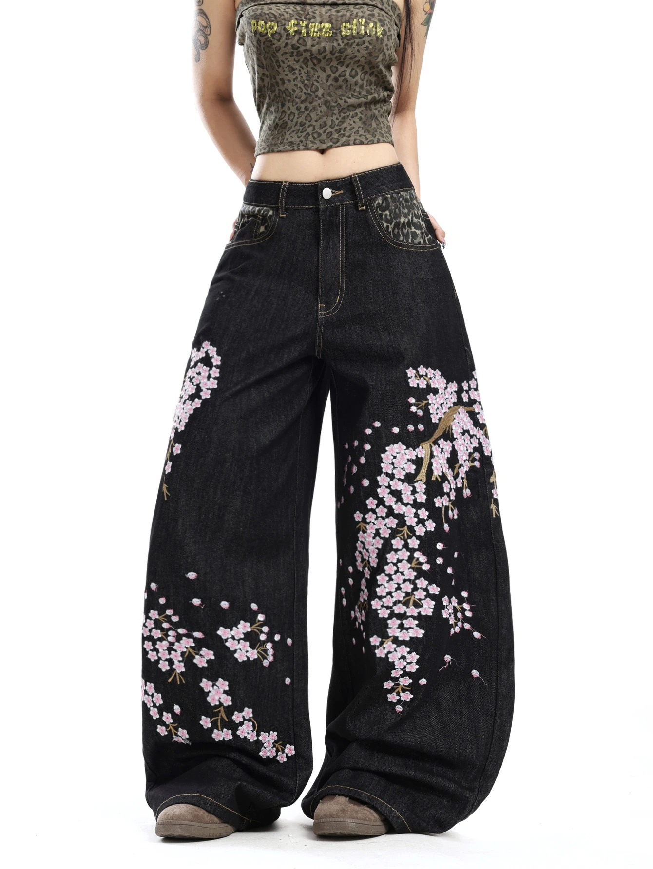 American Style High Waisted Wide Leg Street Y2K Jeans With Cherry Blossom Embroidery Leopard Print Stitching And Loose Coverage