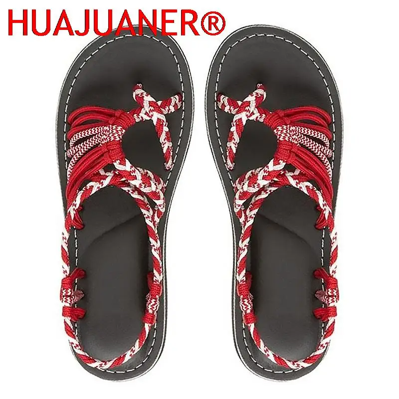 Frauen Sommer Flip Flop Sandalen Schuhe Gemischte Farbe Passenden Seil Knoten Strand Kappe Römischen Sandalen Casual Bequeme Plus Größe Schuhe