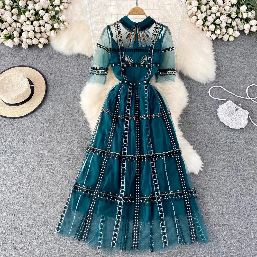 Sweet Memory Prom Dress Embroidery Lace Turn Down Collar Short Sleeve Green Party Dresses Casual Holiday Evening Dress