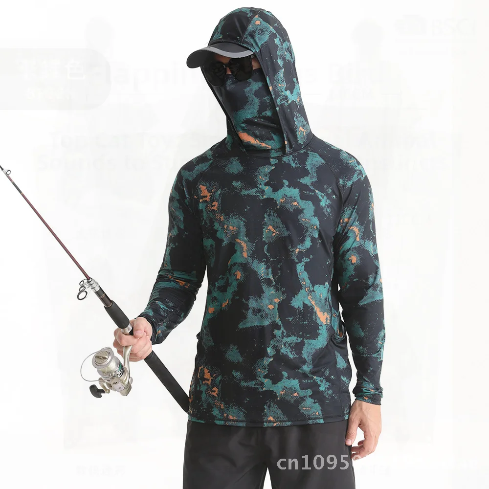 

Men's Ice Silk Sun Protection Clothing Quick-Drying UV-Resistant Hooded Fishing Suit with Mask Anti-Mosquito Breathable Cotton
