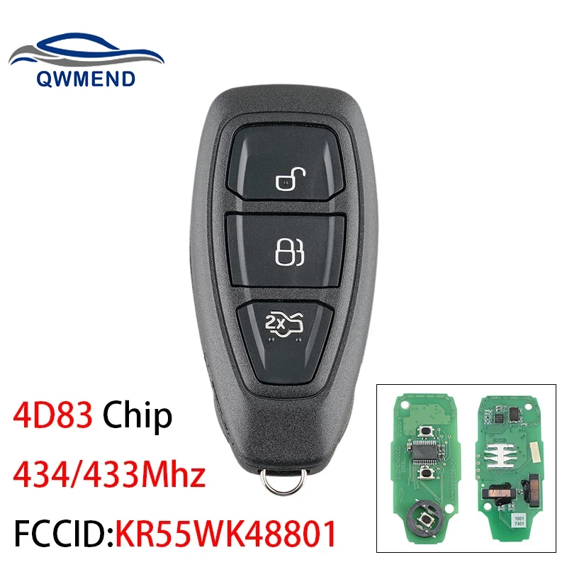 

QWMEND 3Buttons 434/433Mhz Smart Remote Key Keyless Fob For KR55WK48801 4D83 Chip For Ford FOCUS FIESTA KUGA C-Max Mondeo Kuga