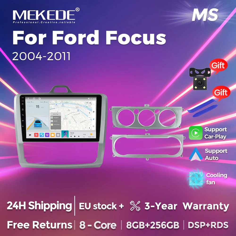 MEKEDE Autoradio pour Ford Focus Mk2 Mk3 2004-2011, CarPlay sans fil, Android Auto, systèmes intelligents, écran tactile HD, DSP, navigation GPS, 5G WiFi, RDS, FM, AM, RAM, BT, Plug and Play, lecteur multimédia 2DIN