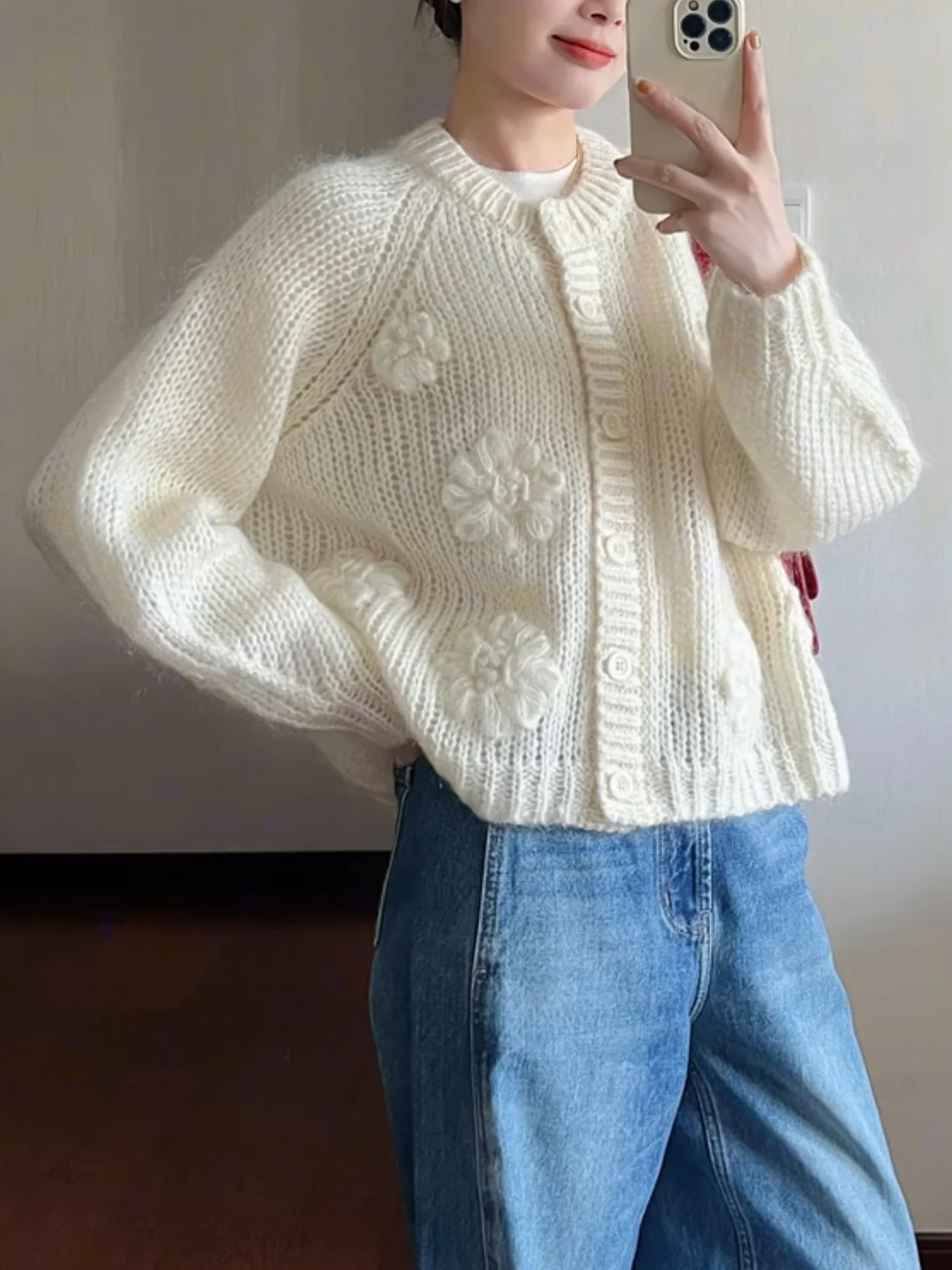 

Мягкий вязаный свитер-кардиган с 3D цветами и длинными рукавами для девочек, белый, зимний, больших размеров, в корейском стиле, для повседневной носки