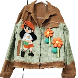 Spring Autumn Women 3D Floral Spliced Denim Coat Chic Contrast Color Girls Jeans Jacket Streetwear Single Breasted Cardigan Tops