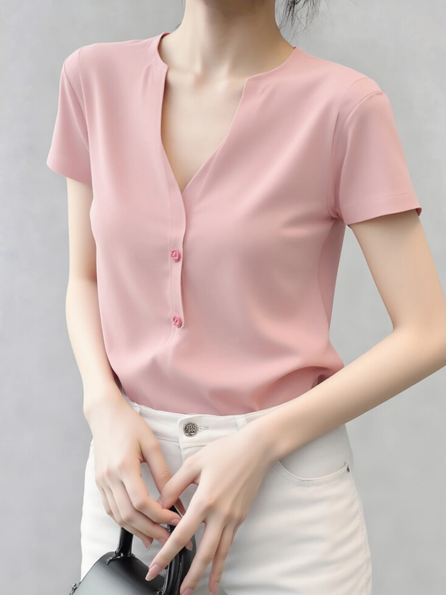 

Spring Fashionable Slimming Short Sleeve T-Shirt Gentle Style Ageless Trendy Top Color Versatile Base Shirt Korean Version