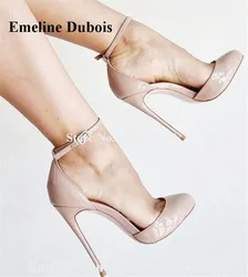 Nude Stiletto Heel Pumps Emeline Dubois Newest Round Toe Nude Patent Leather Thin Heel Shoes Ankle Strap Big Size High Heels 46