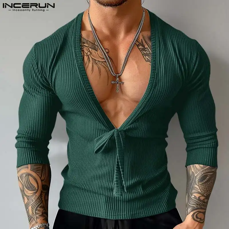 INCERUN Tops 2024 American Style Fashion Men\'s Knitted Texture Pit Stripe T-shirts Casual V-neck Bow Long Sleeved Camiseta S-5XL