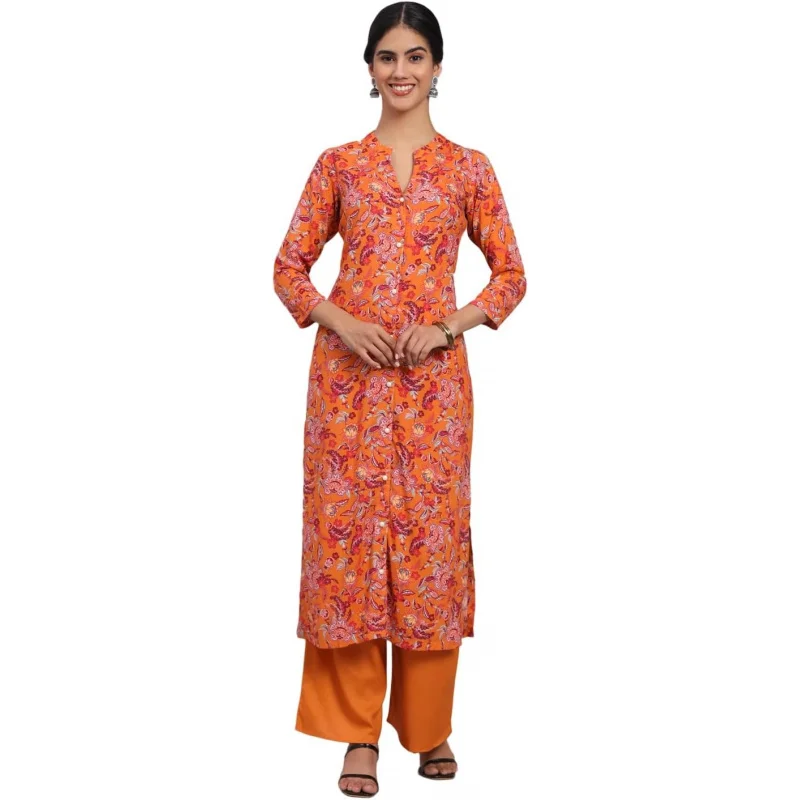 

Women's Rayon Orange Floral Printed Kurta with Palazzo