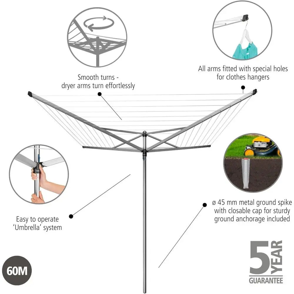 4 Arm Outdoor Spinning Clothesline with Ground Spike for Efficient Clothes Drying (197 ft, 1.8 Diameter, Gray)