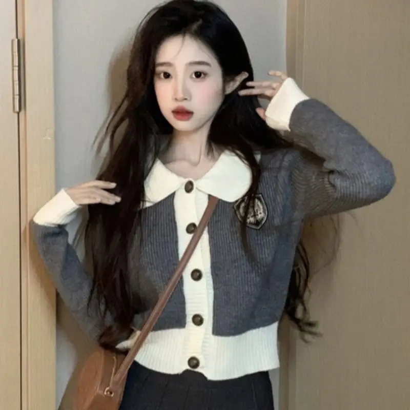 Preppy Style Young Style Autumn Cute Lively Fashion Women Clothes Knitwear Turn-down Collar Sweater Long Sleeve PATCHWORK pocket