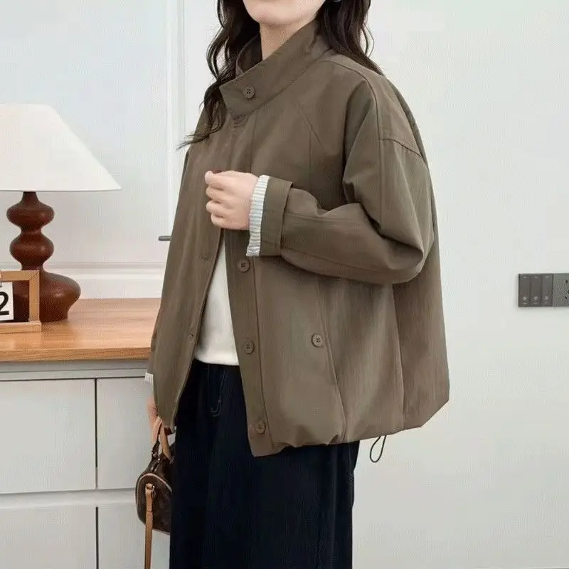 

Spring Autumn Women Stand Collar Jacket 2026 New Casual Loose Single-breasted Windbreaker Versatile Female Tops Gabardina Mujer