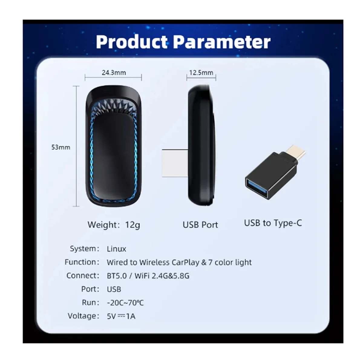 RGB Colorful Wireless Carplay Dongle Mini Box Plug and Play Connect Bluetooth WiFi с проводом для Apple Carplay (USB)_N22R