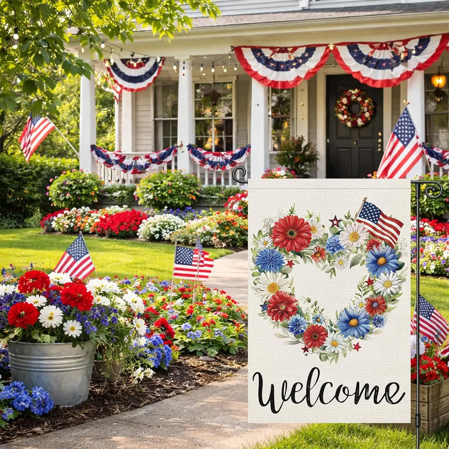 Louise Maelys 4th of July Garden Flag 12x18 Inch, Welcome God Bless America Small Patriotic Floral Daisy Yard Flag, Double S jjp