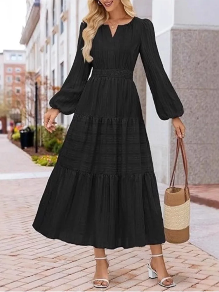 Women's Dress Long Sleeved Solid Color Casual Simple Style V Neck Vestido Temperament Commuting Slim All Match Dresses For Woman