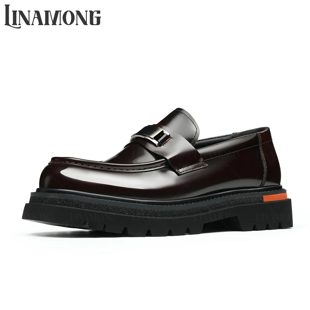 

Glossy Leather Loafers Round Toe Slip on Comfortable Business Casual Shoes Metallic Square Buckle Elegant Business Dress Shoes