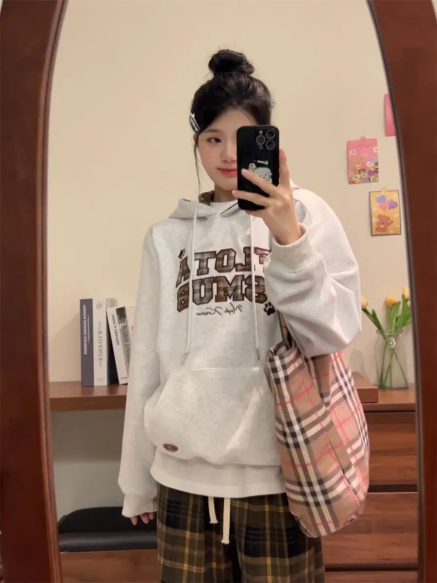 

Retro College Sle Long Sve Hoodie Women's Autumn Winter New Arrival Embroidered Plaid Letter Loose Fit oulder Insertio...