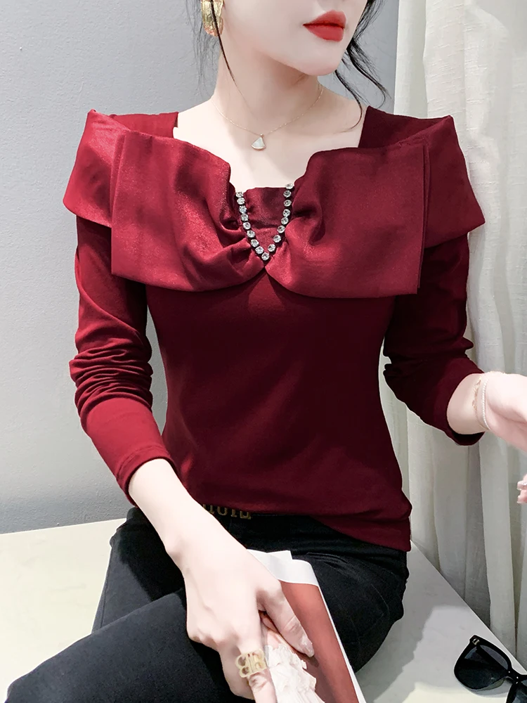 Faionable  Knot Long Sve One oulder T-irt Women's Base irt Sli Versatile Commute Sle Korean Fit Cot...