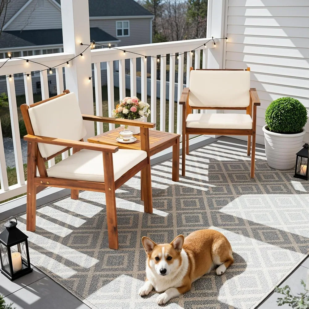 Flamaker Patio Chairs 3 Piece Acacia Wood Patio Furniture with Coffee Table & Cushions Outdoor Conversation Set Balcony Chairs image 6