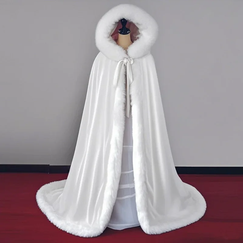 Hanfu Coat Fur Thickened Fleece Halloween Cape White Hood Shoulder Wrap High End Vintage Modern Dance Costume