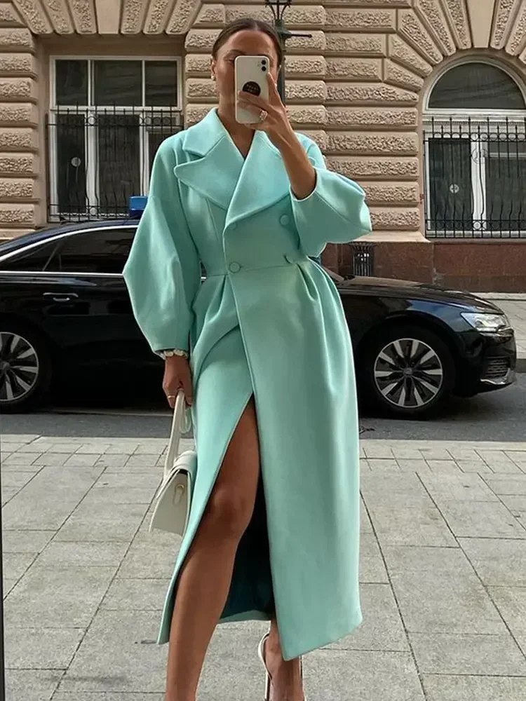 Women Lapel Lantern Sleeve Long Jackets Solid Double Breasted Waist Fold Woolen Coat Winter Thick Warm Female Elegant Outwear