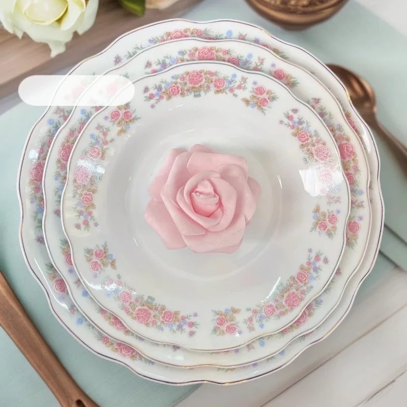 HYS retro flower ceramic plate 7/8/9 inch lotus mouth soup plate household western plate vegetable