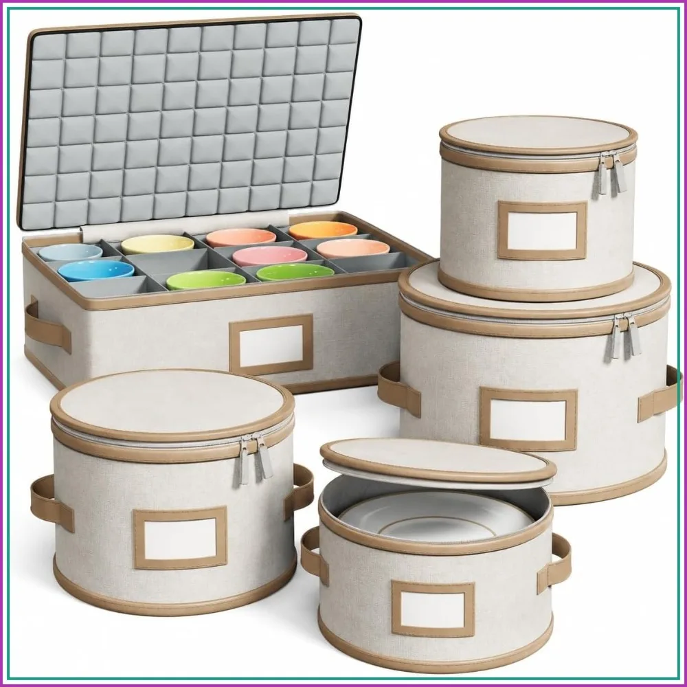 5-Piece Hard Shell China Storage Set for Plates, Mugs & More – Beige, Stackable & Padded