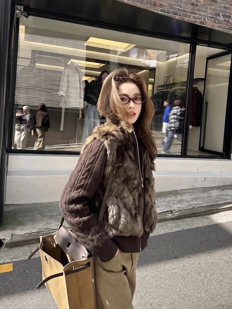 Lady fox fur patchwork tweed short coat with collar and zipper - winter faux fur jacket - 2026 new style