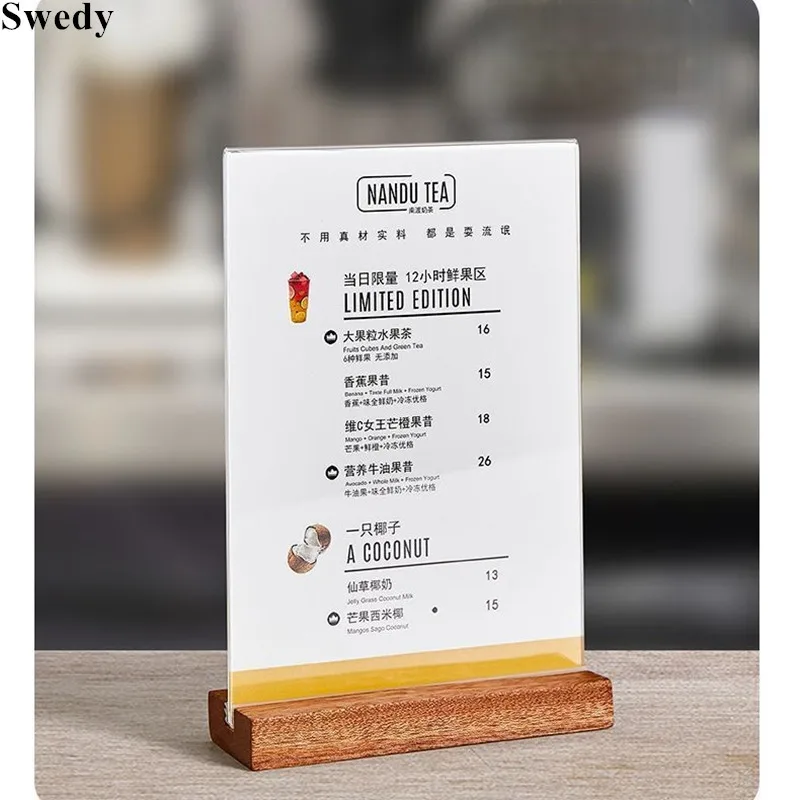 A4 210x297mm Wooden Advertising Restaurant Menu Paper Holder Stand Price Label Holder Acrylic Sign Holder Poster Display Stand