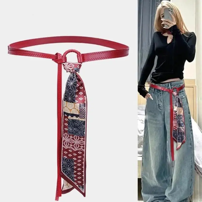 (BF06)Y2k Punk Girl Scarf Waist Belt Retro Pu Leather Women Belt Bohemian Style Silk Waist Rope Trendy Jean Dress Decorative