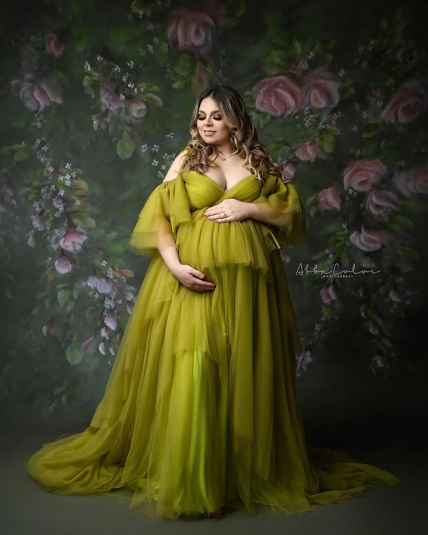 

Green A Line Evening Dresses for Pregnant Women Ruffles Sweep Train Maternity Nightrobes Charming Puffy Party Baby Shower Gowns