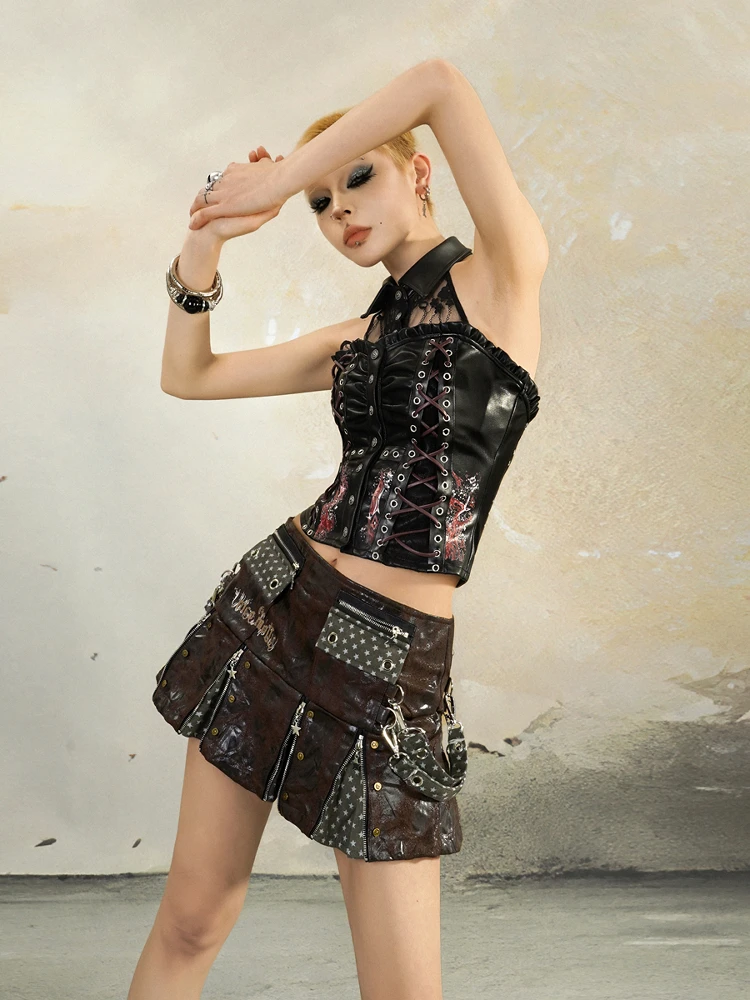 Gothic Heavy Industry Halter Spaghetti Straps Stitching Lace Dark Punk Hot Girl Top Leather Vest