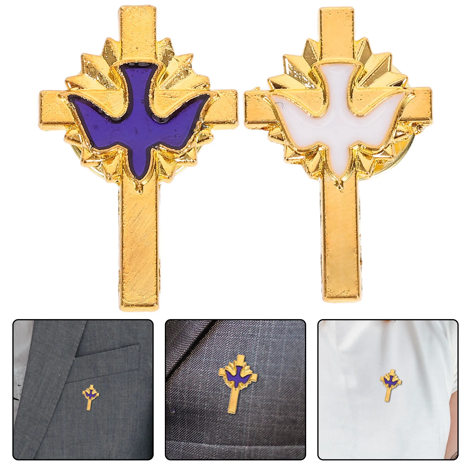 2Pcs Elegant Peace Dove and Cross Brooch Set Alloy Religious Lapel Pin for First Communion Baptism Christian Ceremony Catholic
