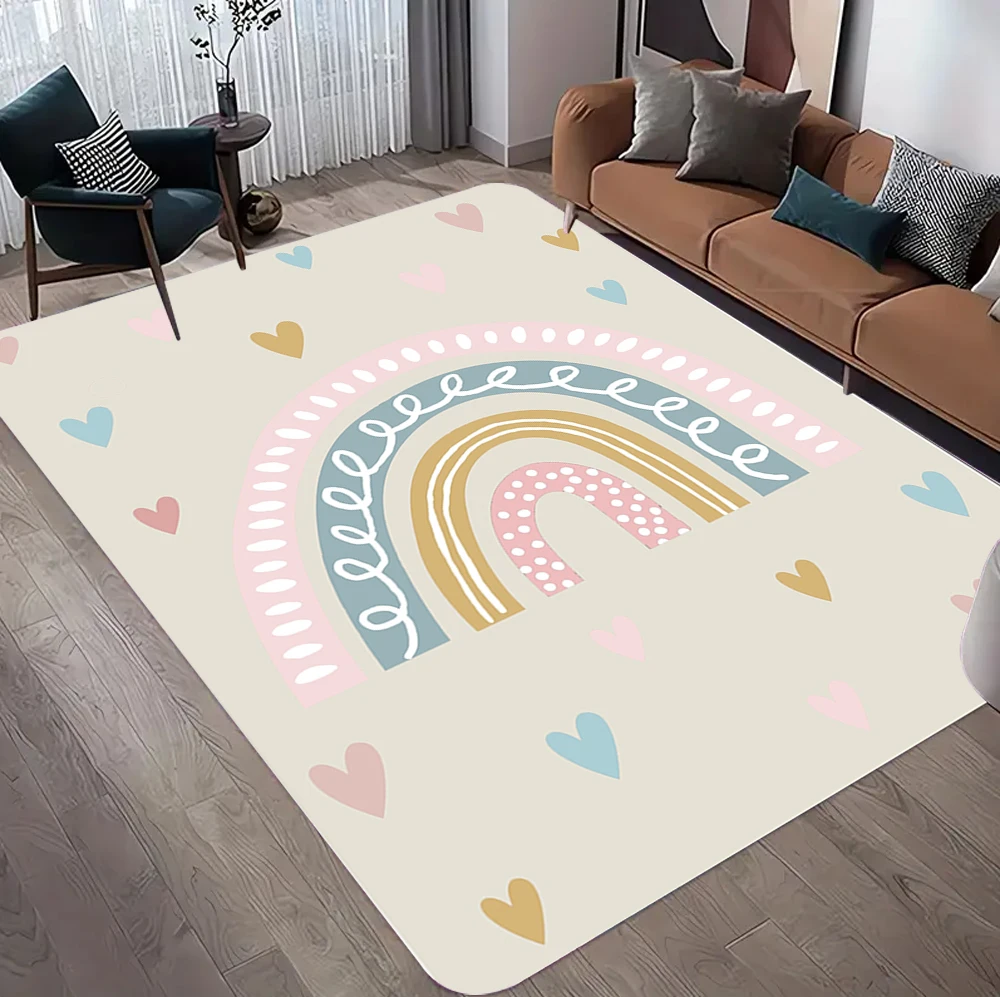 

Красочный ковер с дизайном радуги и сердца для гостиной, милый детский коврик, игривый мягкий напольный коврик, украшение для спальни, дома