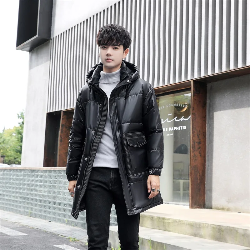 High Quality Men's Casual Bright Warm Hooded Duck Down Jackets Winter Solid Mid-Length Windproof Thicken Puffer Coats Clothing