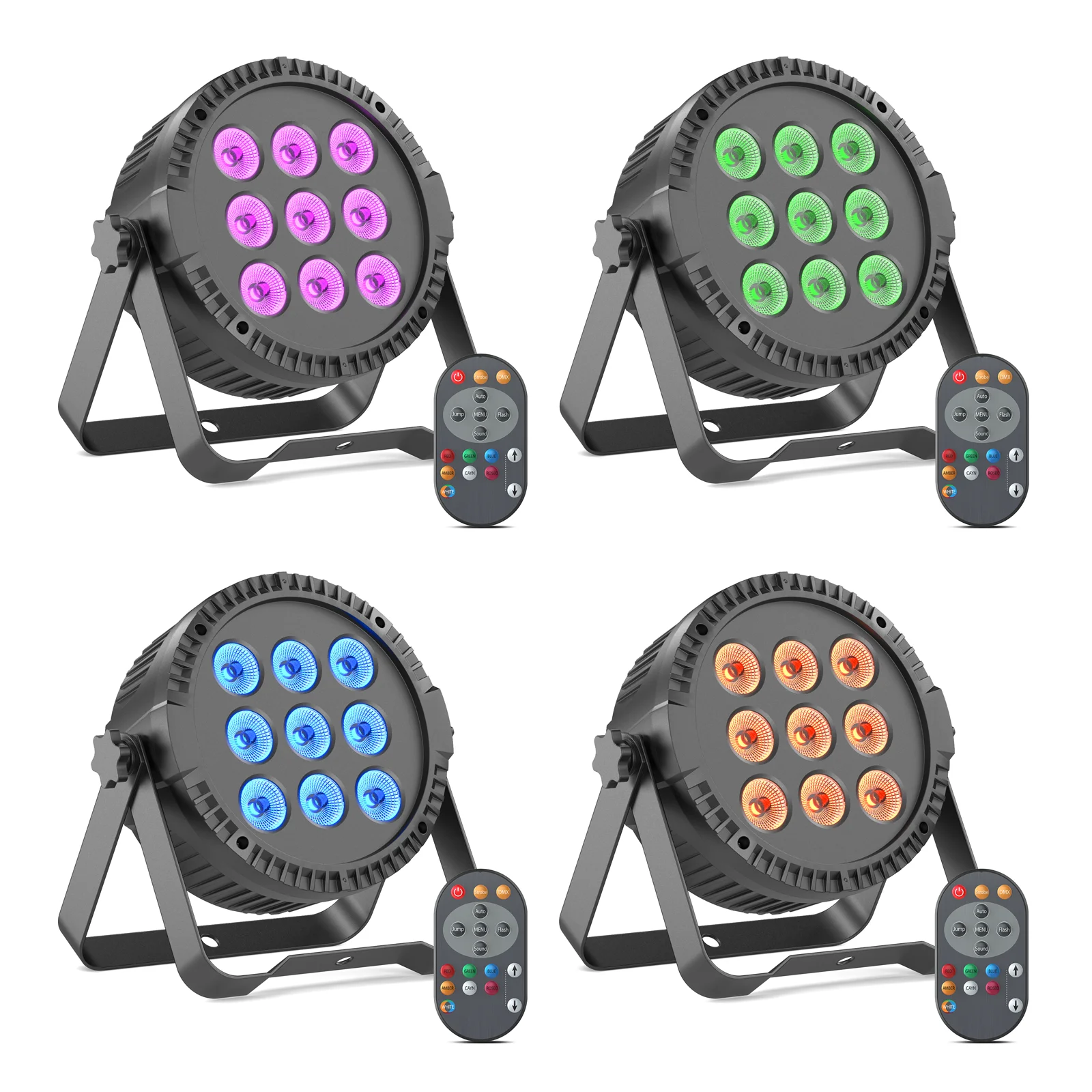 Yiflamefly 4-delige 90W Par-lampen 9x10W RGBW LED's podiumverlichting met afstandsbediening & DMX512-besturing Par Can voor DJ-party, KTV, bar, nachtclub