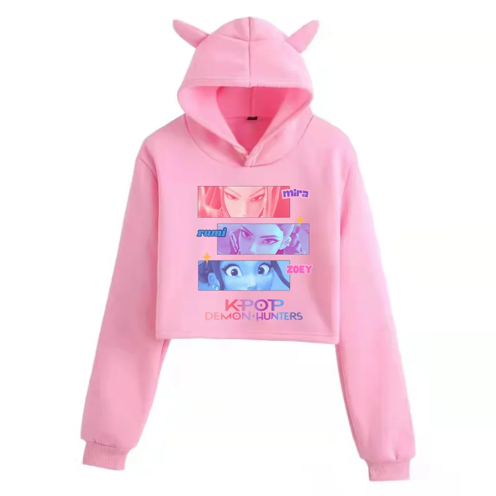 KPop デーモンハンターファンマーチミラルミゾーイ Huntrix クロップトップス猫耳トレーナー長袖ガールズファッションパーカー