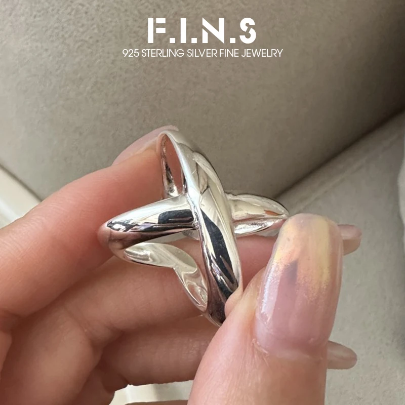 F.I.N.S S925 Sterling Silver Korean Style Interlocking Ring Trendy Minimalist Geometric Glossy Statement Mid Finger Fine Jewelry